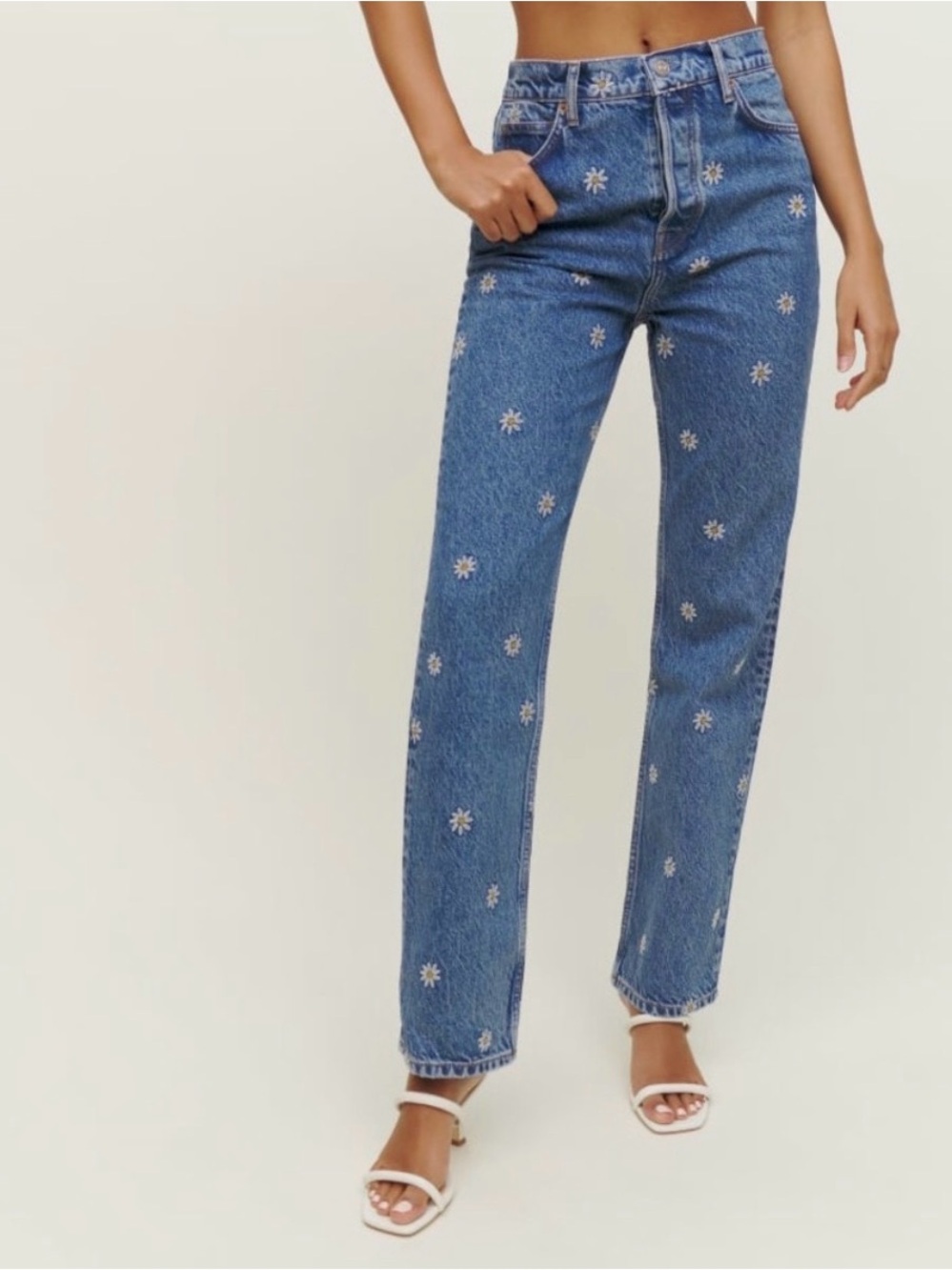Reformation Light Blue Straight Leg Daisy Embroidered Jeans - Picture 2 of 5